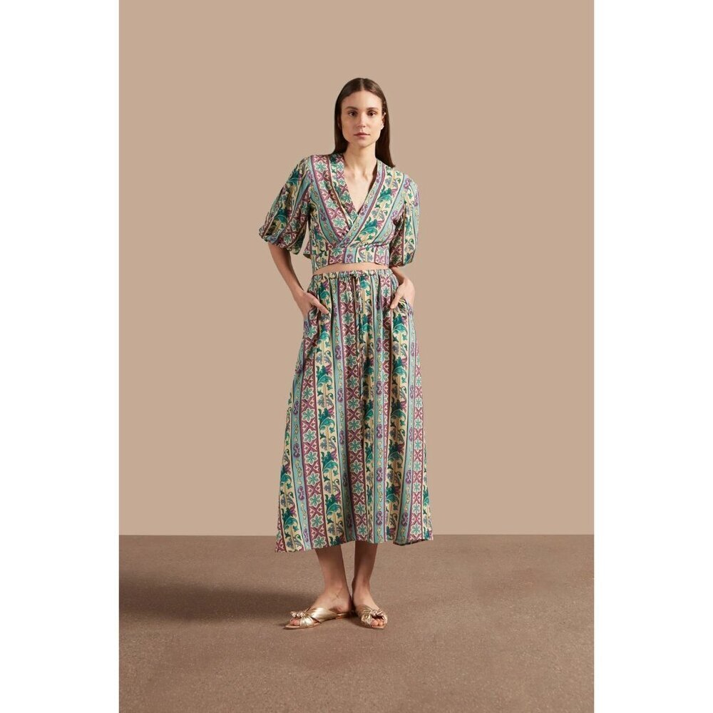 Adriana Degreas Le Sirenuse Puff-Sleeved Cropped Blouse & Long Skirt Set Blue Wo